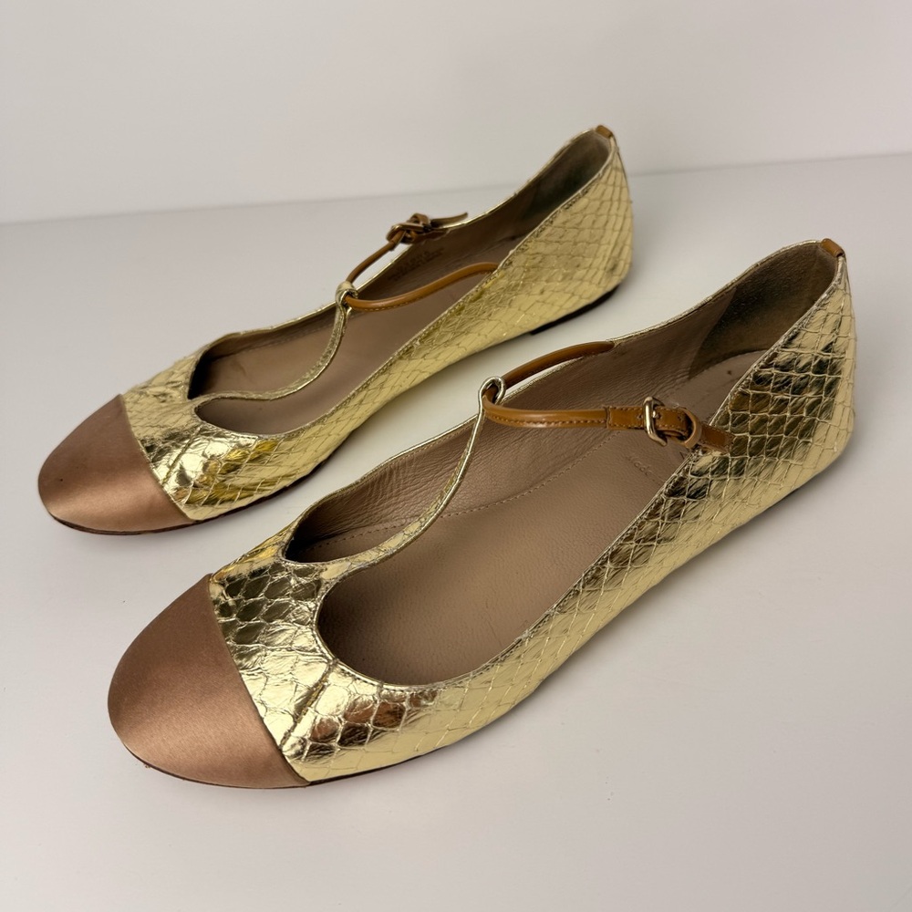 J.Crew Metallic Gold Snakeskin Leather Flats Tan Cap Toe T Strap Sz‎ 7